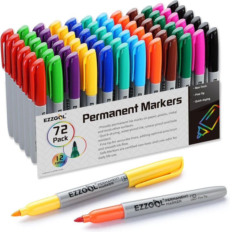 Ezzgol Markers دائمة بالجملة، عبوة Markers دائمة مكونة من 72، 12 لون متنوع، Markers دائمة ذات نقطة رفيعة لتلوين البالغين كمستلزمات مكتبية ومدرسية - Image 1